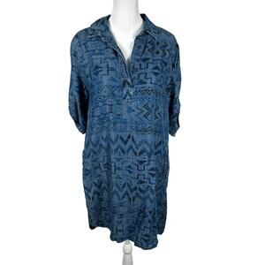 Philosophy Chambray Blue Short Sleeve Tribal Pattern Dress Small Shift Collared